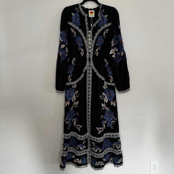 Farm Rio Black Bold Flowers Long Sleeve Midi Dress - Picture 2 of 11